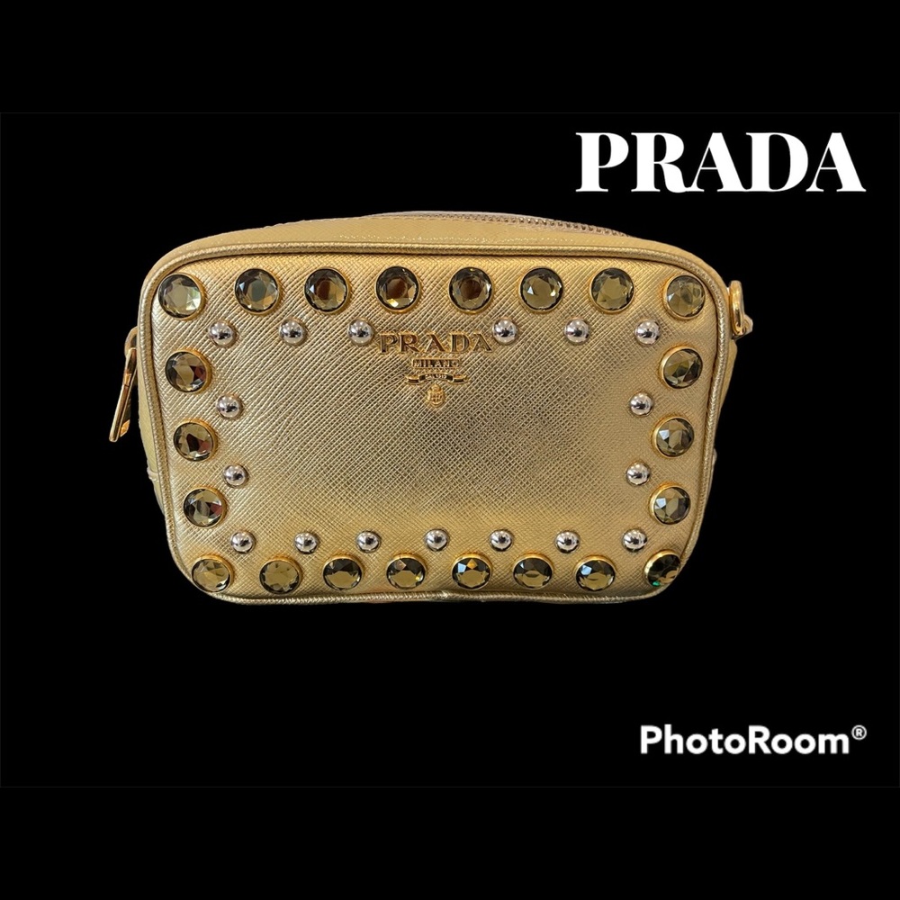 COPY - Authentic Prada Saffiano studded Mini zip crossbody bag Gold